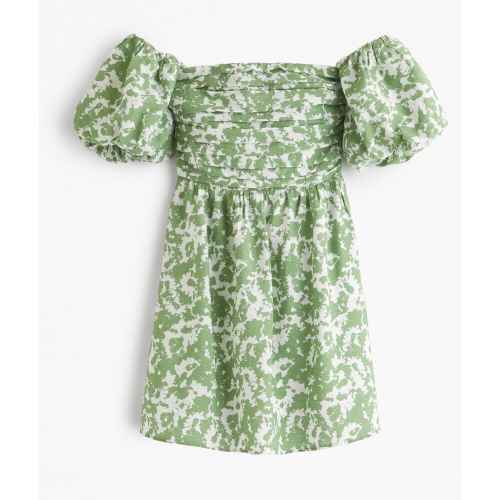 Abercrombie & Fitch Green and White Puff-Sleeve Mini Dress